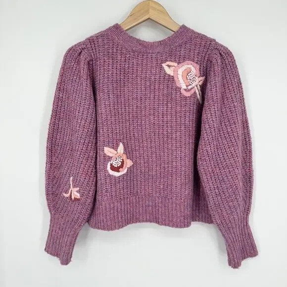 LoveShackFancy Ridge Sweater Floral Embroidered Balloon Sleeve Chunky Knit Berry - Picture 11 of 16
